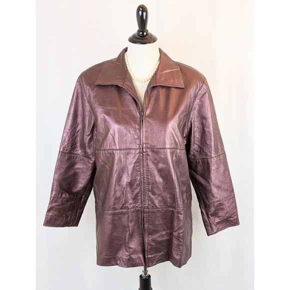 Womens Vintage Metallic Mauve Leather Jacket Ladies Small 1990s 3/4 Sleeve Coat - Picture 2 of 10